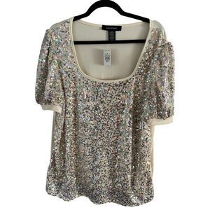 NWT Ashley Stewart Beige Sequin Pullover Short Sleeve Stretchy Blouse Size 18/20